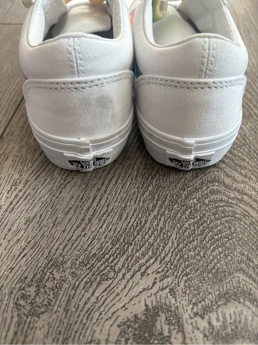 Vans Kids White Canvas Sneakers with Rainbow Gradient Straps NWOT